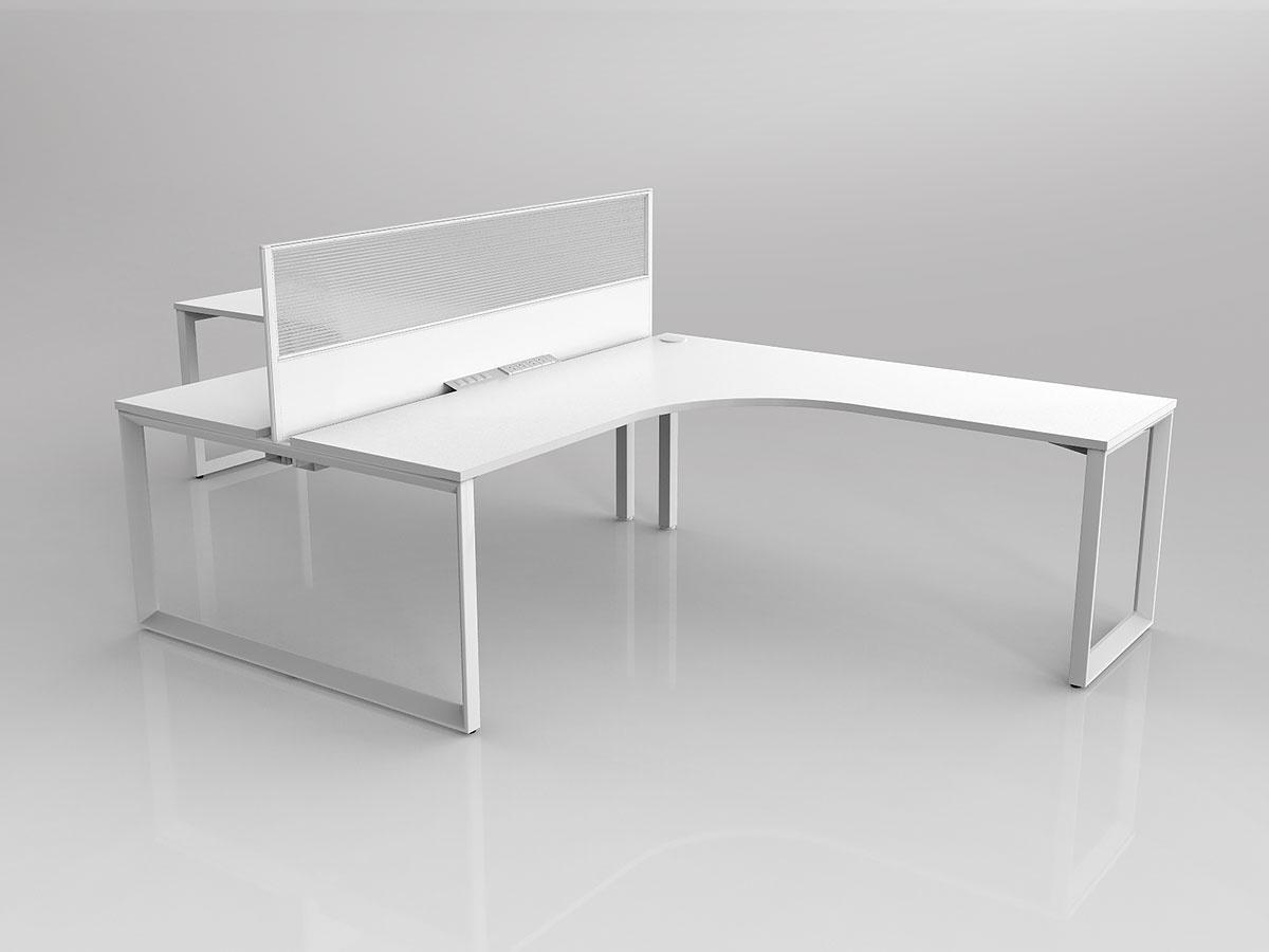 Anvil Shared 90 Degree Workstation Tee Layout in White with 2x Worktops & 300mm Panel Central Divider Screen - Image 3