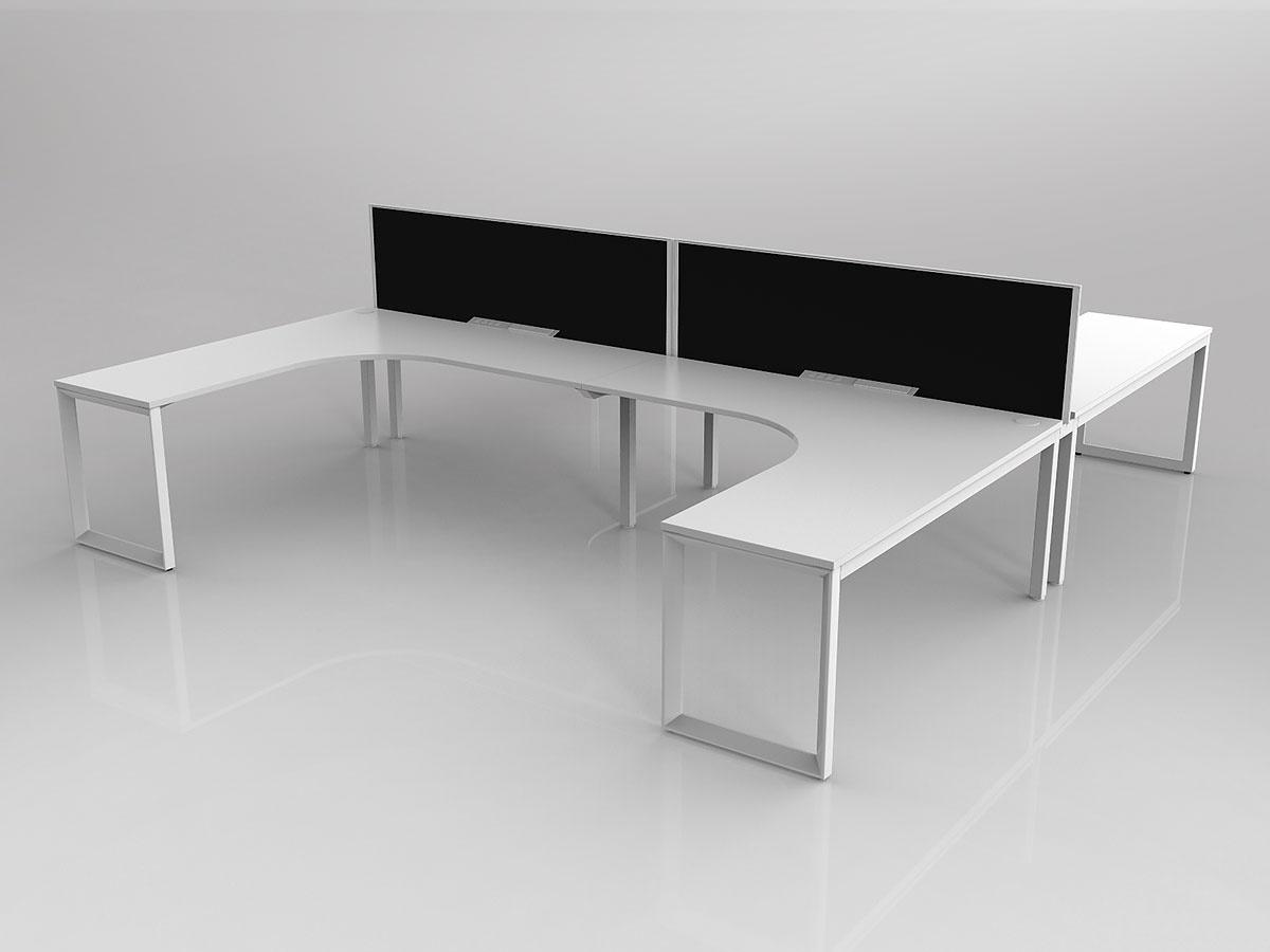 Anvil Shared 90 Degree Workstation H Layout in White with 4x worktops with Solid Core Central Divider Screen