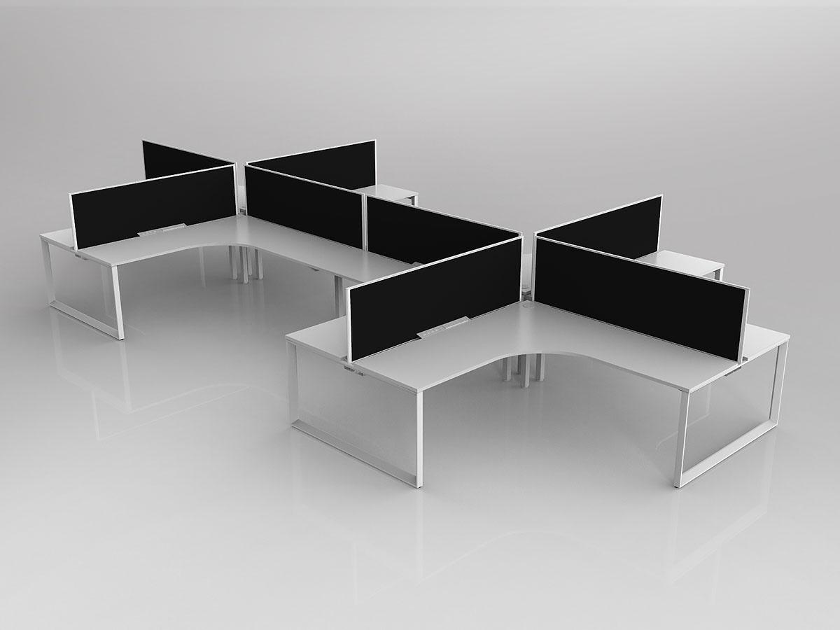 Anvil Shared 90 Degree Workstation Plus Layout in White with 8x Worktops with Solid Core Central Divider Screen